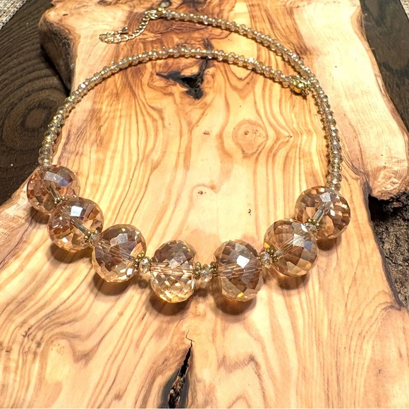 Light Champagne Lampwork Glass Amber Gold Tone Crystal Necklace - Picture 2 of 7